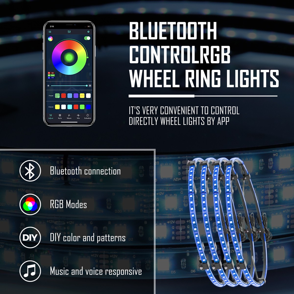 4x LED 15.5" Rim Wheel Ring RGB Light Color Changing Turn&Brake Signal