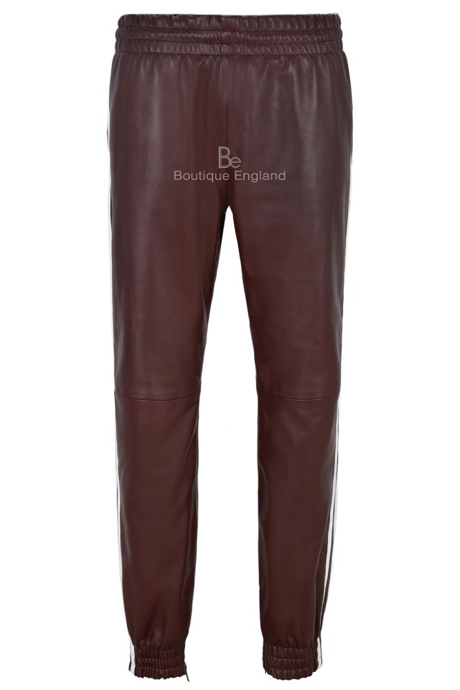 Men's Real Leather Cherry Napa Joggers with White Straps 4051
