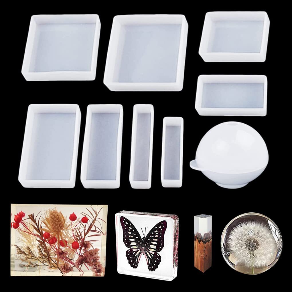9PCS Epoxy Resin Molds,Different Sizes Square,Rectangle,Ball Silicone Molds,C...