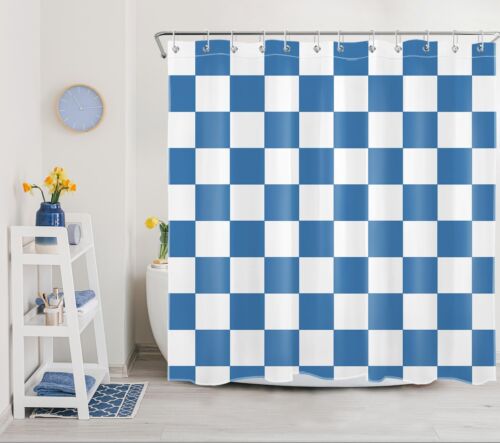 Blue and White Checkered Shower Curtain for Bathroom Aesthetic Checked Grid P... - Picture 3 of 7
