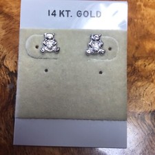 Bear White Stud Earrings 14K Solid Gold With Safety Backing
