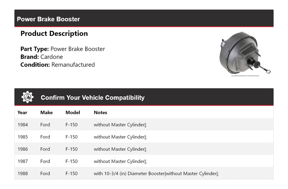 Para Ford F-150 1984-1988 Power Brake Booster Cardone 1985 1986 1987 Foto 2 de 3