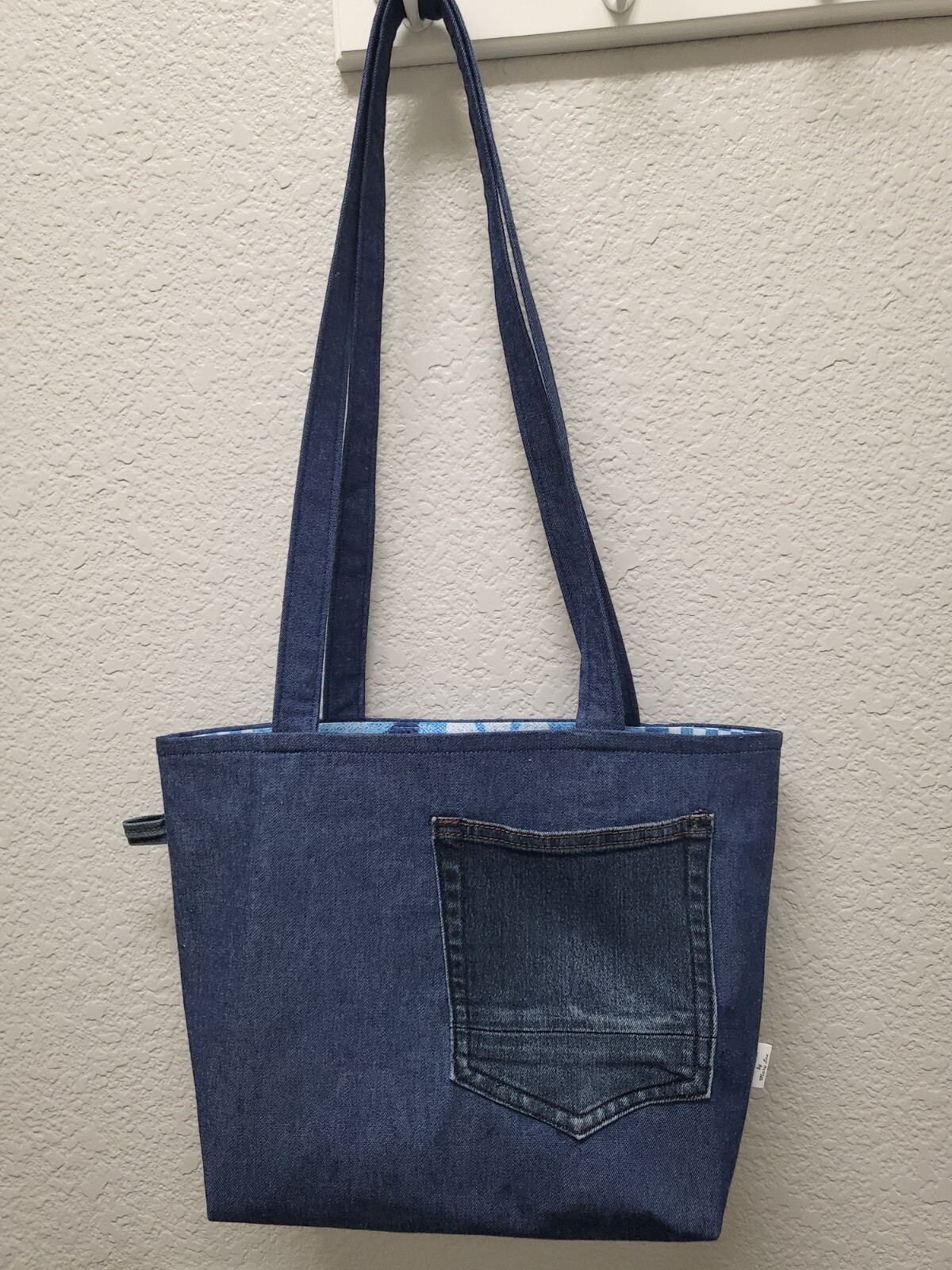 Large denim tote bag with shoulder length straps-patchwork lining