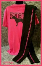 Victoria's Secret Pink Campus Tee Shirt  Leggings Set Neon Fuchsia Black L XL