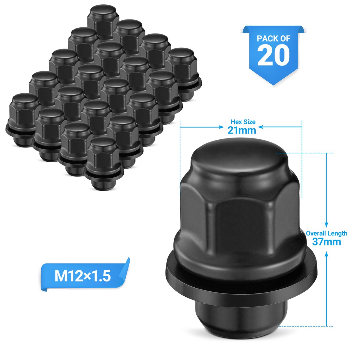 20PC Black Factory Style 12X1.5 Lug Nuts for 2021-2022 Toyota RAV4