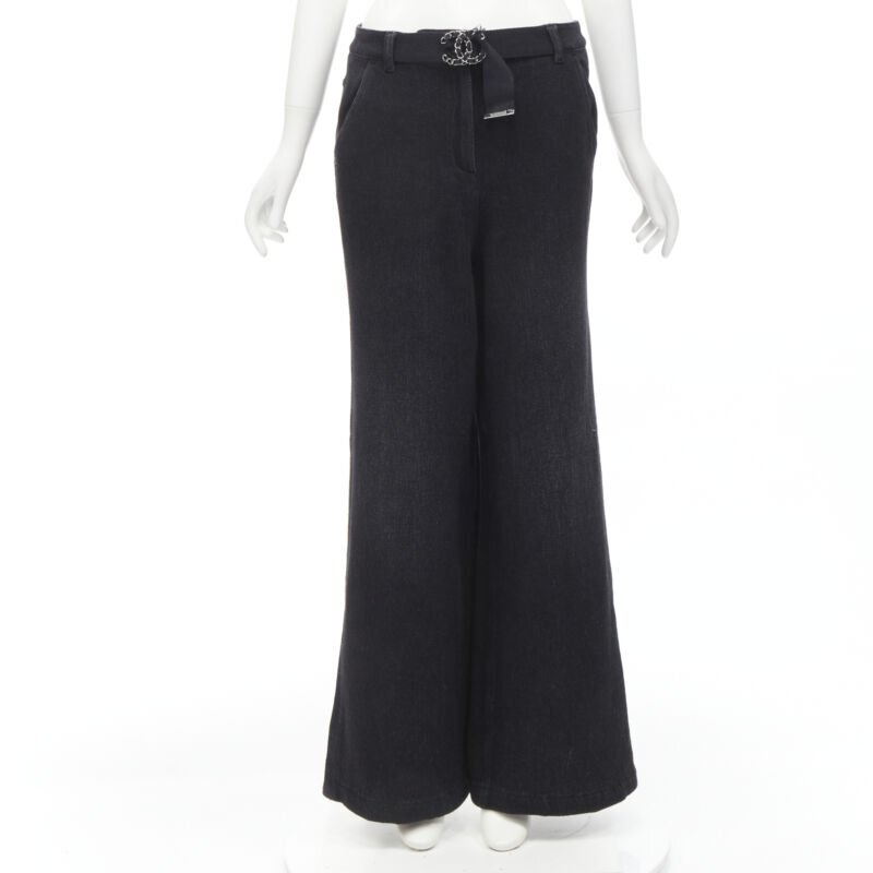 CHANEL Runway cotton black CC chain buckle belt wide leg 