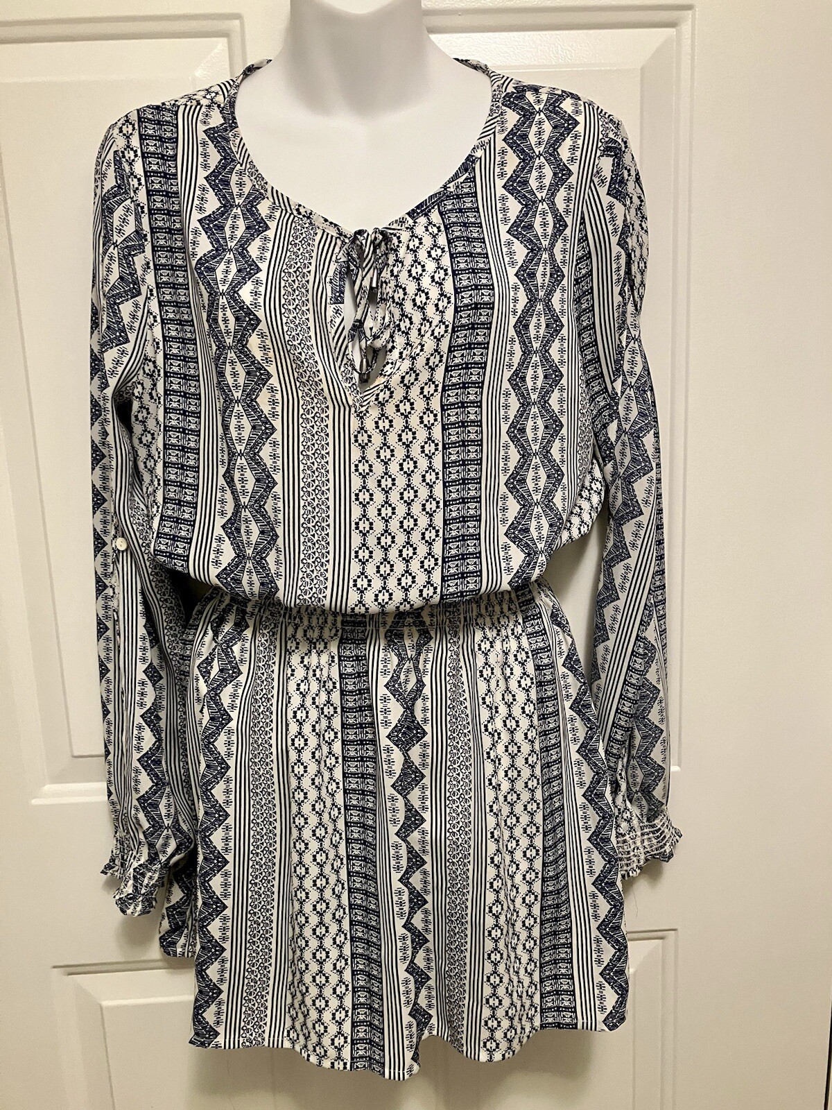 Jack by BB Dakota Peasant Top Tunic Mini Dress M Medium White Blue Boho Shirt