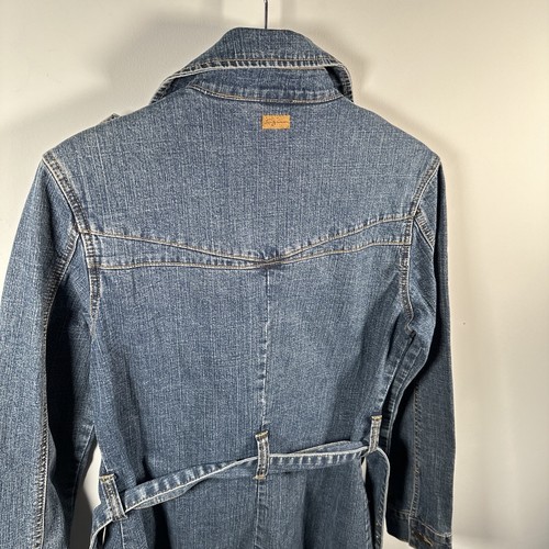 Vtg Fubu Women’s Double Breasted Trench Coat Denim Size Small Button Logo Belt - Picture 17 of 21
