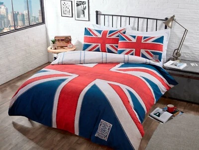 CHARLOTTE ANDERSEN Union Jack Duvet Cover Blue Denim Reversible Printed Quilt Cover Bedding Set