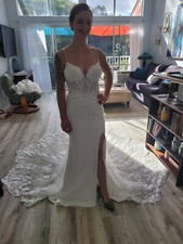 STRETCHY BEADED LACE MERMAID WEDDING DRESS SPAGHETTI STRAPS SLIT SIZE 2,4,6,8