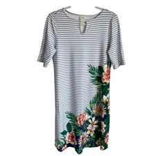 Chico’s Keyhole Striped Paradise Palm Dress Sz S Short Sleeves Stretch Tropical