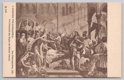 Schnorr von Carolsfeld Nibelungenlied Postkarte, Kriemhild wirft Hagen vor