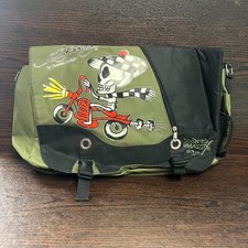 Ed Hardy Unisex Skeleton Biker Messenger Bag Large Green Canvas Y2K Tattoo Art