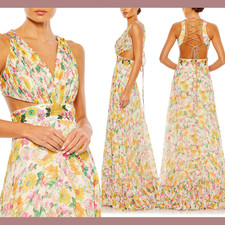 NWT Mac Duggal 4 9174 Floral Cut Out Lace Up Tiered Gown Nude Yellow S1063