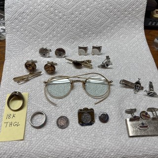 Vintage Junk Drawer Lot Gold Glasses Cufflinks Rings 1908 Indian Head Penny
