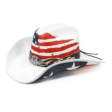 Straw Cowboy Hat for Women and Men - American Flag White Stars and Stripes
