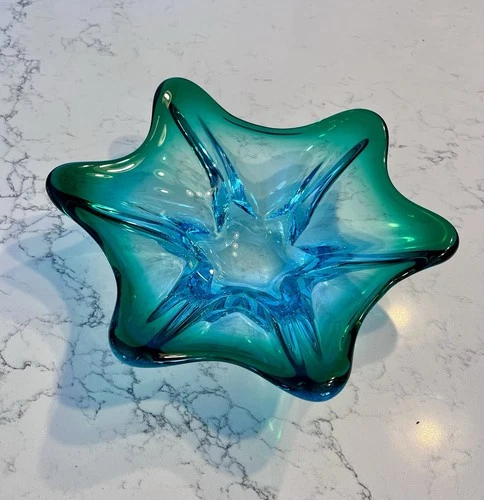 Murano Art Glass Freeform Sommerso Starburst Bowl Blue Green 6 point star MCM