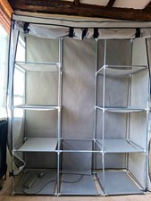 Grey Fabric & Metal Canvas Wardrobe, 6 Shelves, Hanging Rail, 2 Door 150cm