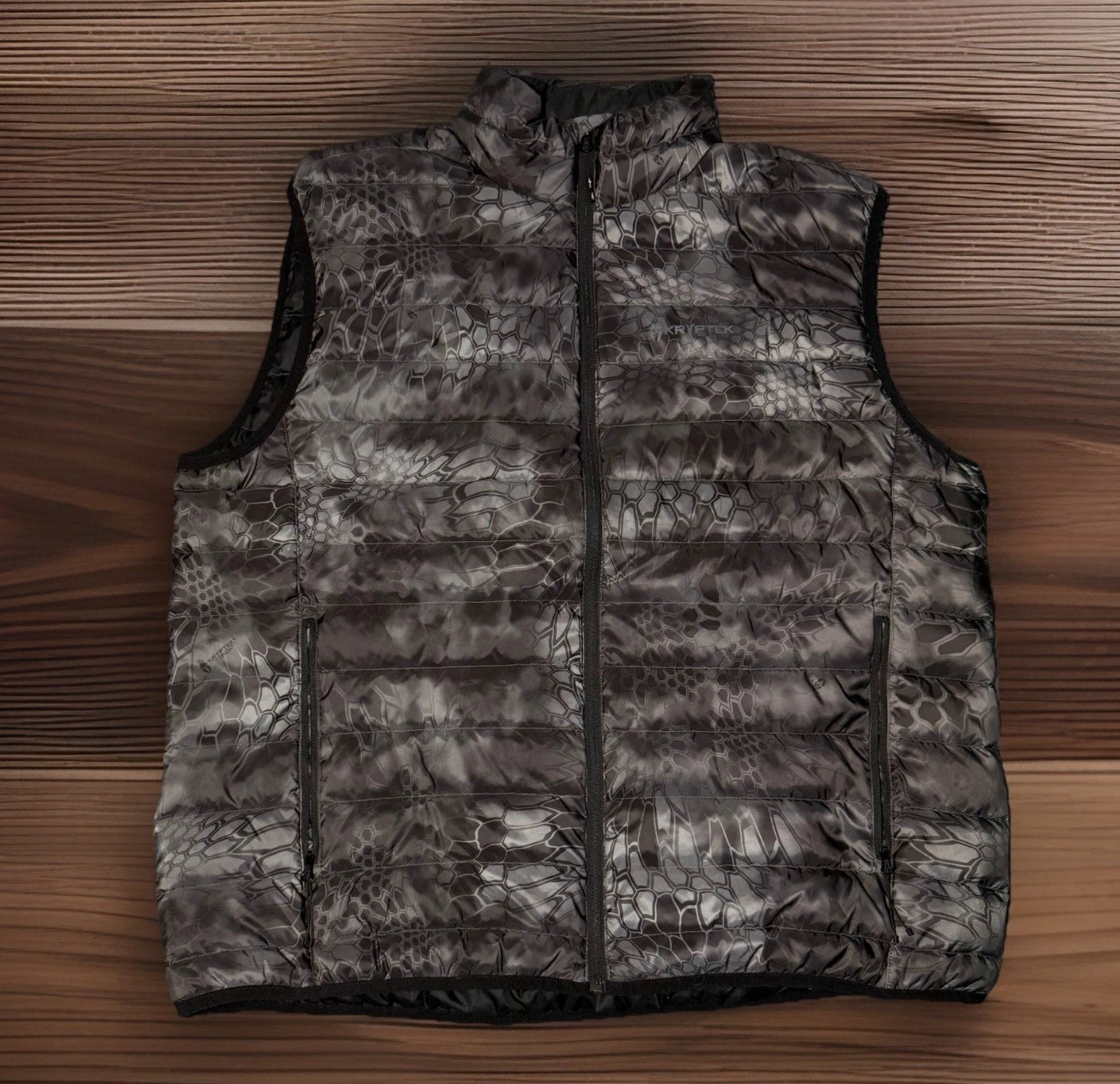 Kryptek Cirius Camo Puffer Vest Mens Large Black Grey Goose Down Hunting Sz 3XL
