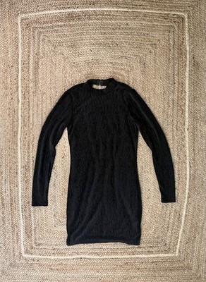 DIVIDED H&M Textured Black Velvet Open Back Body Con Dress Mid-Length Long Slee