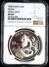 1998 CHINA PANDA SILVER SMALL DATE NGC MS69