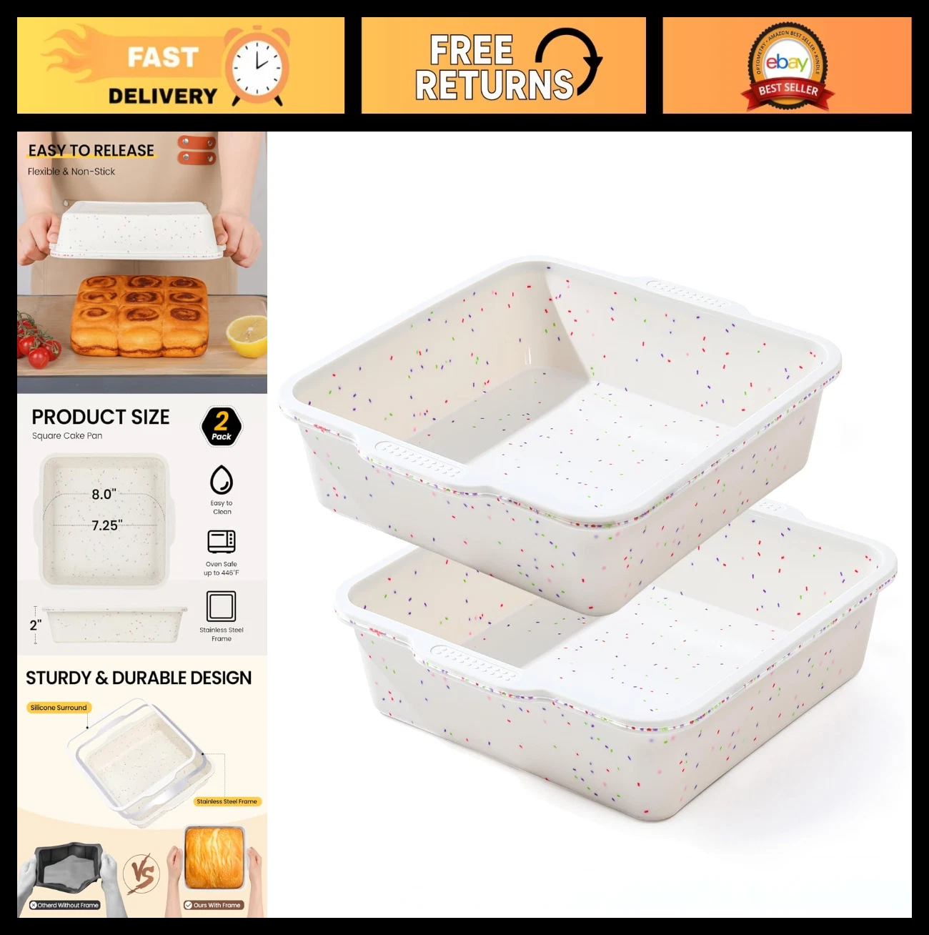 Nonstick Silicone Brownie Cake Pan Set of 2 - 8x8 Inch, BPA Free, Metal Reinforc