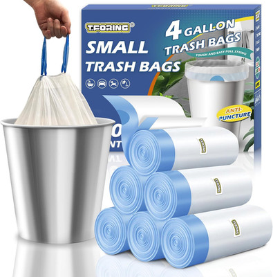 Small Trash Bags 4 Gallon with Drawstring, 1.1 Mil 15 Liter White Thick Unscente