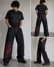 Y2K Black Baggy Jeans Mens Medium Red Embroidered Gothic Skull Wide Leg Skater