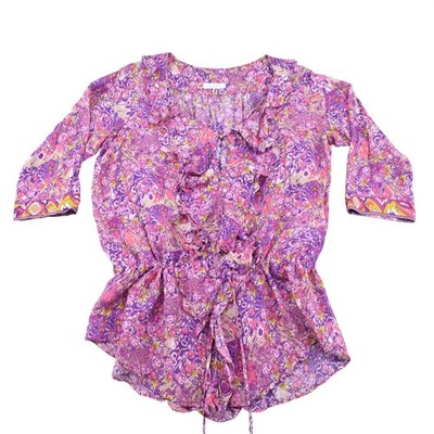 Emilio Pucci Silk Cotton Ruffle Blouse Purple Abstract Print Made in Italy