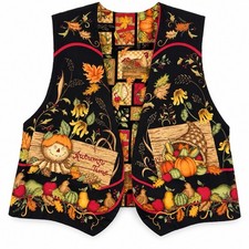 Vintage Fall Harvest Vest Women L/XL Reversible Scarecrow Pumpkin Thanksgiving