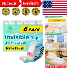 Invisible Gift Wrap Tape - 6 Rolls with Dispensers, Matte Writable Surface