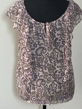 American Eagle Outfitters L Sheer Paisley Ruffle Cap Sleeve Keyhole Neck Top