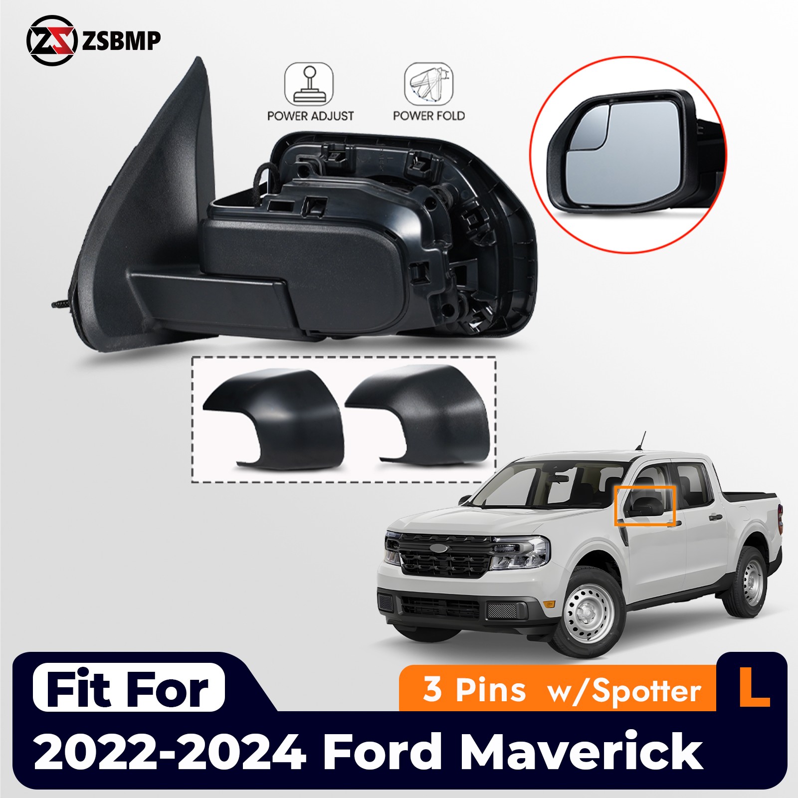 Side Mirror For 2022-2024 Ford Maverick W/ Spotter Textured Left Driver 3 Pins