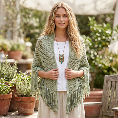 NEW Sage Green Hand Knitted Shawl Wrap Scarf Boho Hippie Cottage Indie Artsy