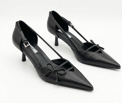 PRADA Black Leather Pointed Toe Slingback Pumps Bow Heels Shoes Italy Sz 38