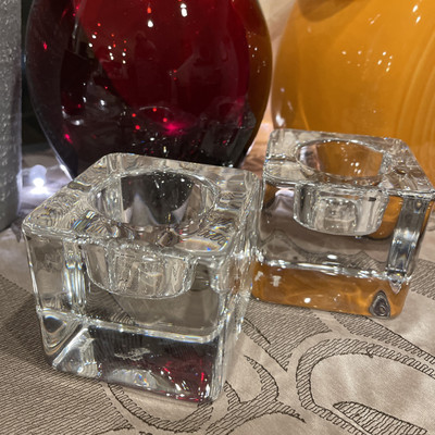 Orrefors Ice Cube Crystal Art Glass Votive Candle Holders Pair Goran Warff