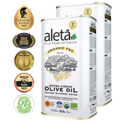Aleta Farms, Organic & PDO Extra Virgin Olive Oil, 1 Lt (33.8 oz.) Tin, 2 PK