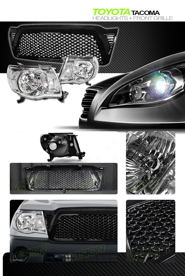 Faros cromados para estacionamiento para 05-11 Tacoma NB + capó negro parachoques rejilla de malla Foto 2 de 2