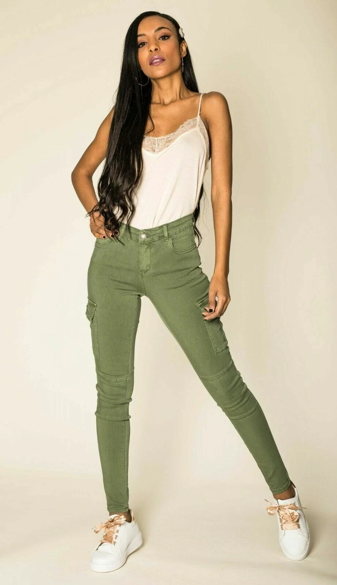 Ladies Cargo Pants Skinny Stretch Women's Jeans Green khaki 6 8 10 12 14