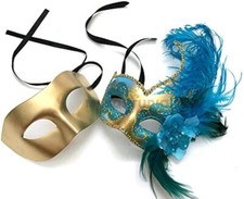 Couples Gold Accent Masquerade Ball Mask Feather Mardi Gras Prom Birthday Party