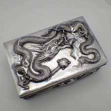 Chinese Export Silver Dragon Cigar Box Magnificent High Relief Three Toes