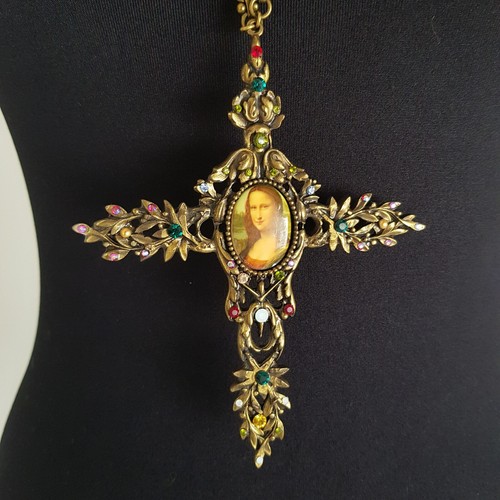 Michal Negrin NEW Cross Necklace Swarovski crystals HUGE oversized Mona Lisa - Picture 7 of 7