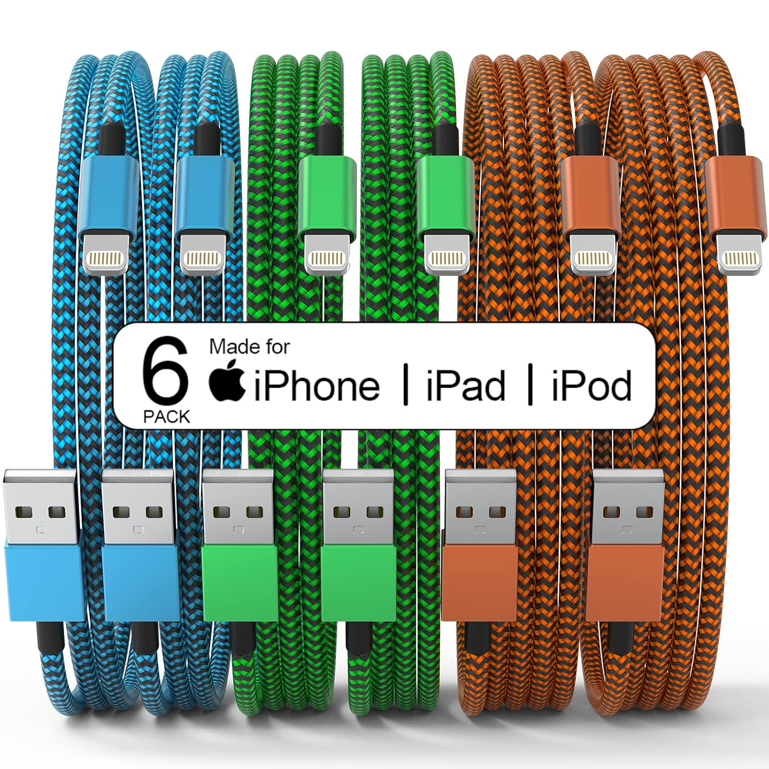 6 Pack [Apple Mfi Certified] 3/3/6/6/10/10 FT Iphone Charger Colorful Nylon L...