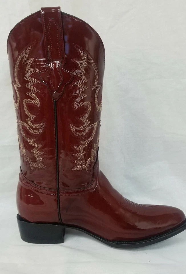 Botas occidentales borgoña para hombre de cuero liso ropa de rodeo vaquero punta redonda botas Foto 2 de 4