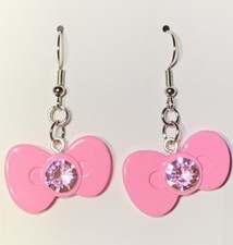 Silver Hello Kitty Pink Bow   Drop Dangle Earrings 