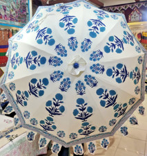Indian Decorative Blue Garden Umbrella Block Print Outdoor Parasols For Home