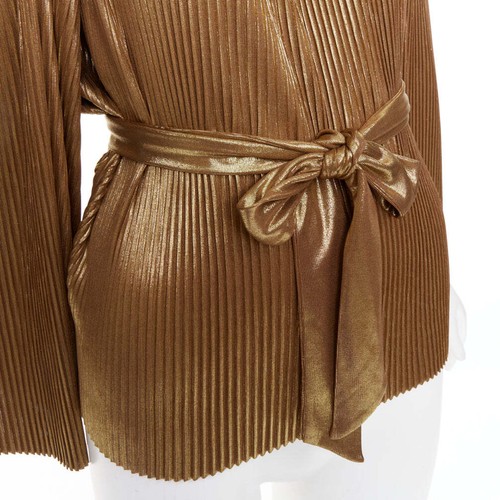 HALSTON HERITAGE gold accordion pleated gathered shoulder tie goddess top US10 L - Picture 2 of 9