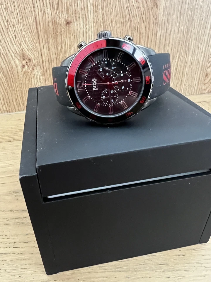 HUGO BOSS MEN’S BLACK & RED WATCH WITH BOX - image 2 of 4