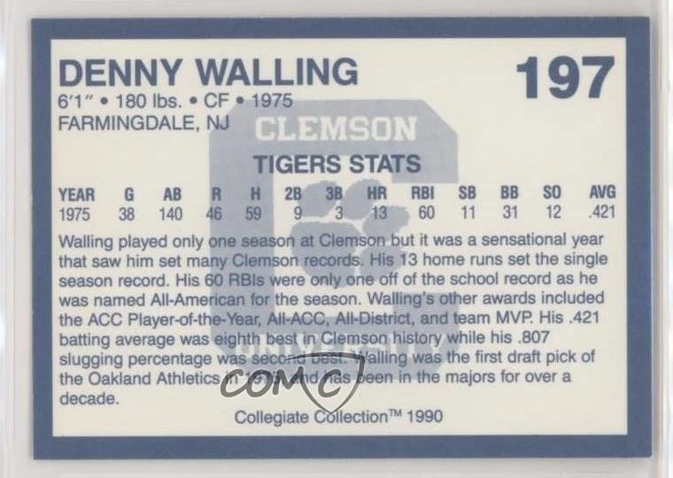 1990 Collegiate Collection Clemson Tigers Denny Walling #197 - Image 2 of 2
