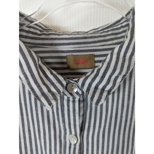Abito Camicia Tulip Seersucker Righe Cotone Manica Lunga Grigio Bianco Tasche Piccolo - Foto 4 di 10